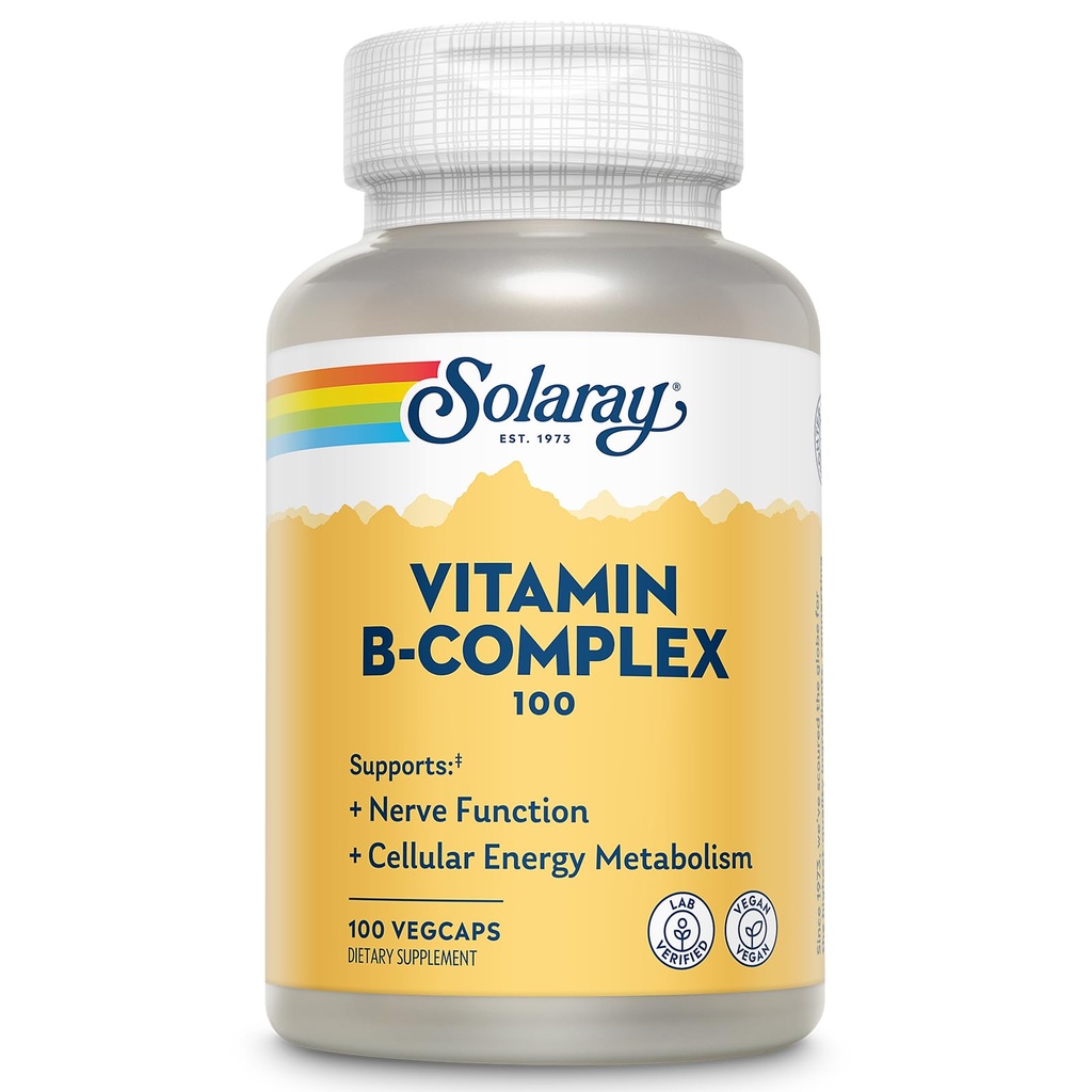 SOLARAY Vitamine B Complex 100mg - Cellular Energy, Nerve and Heart Health Support - Supplies All 8 B Complex Vitamins - Vitamin B12, B1, B2, B3, B6, Niacin, Folic Acid and Biotin - Vegan, 100 Servings