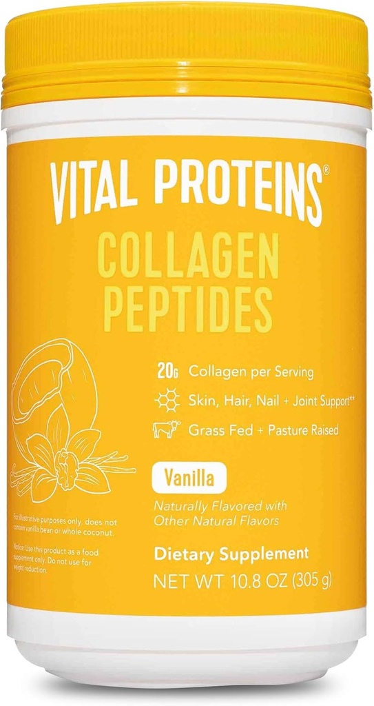 Vitale eiwitten Gehydrolyseerde collagen huid Nagel Joint Peptiden Poeder Supplement met Madagaskar Vanille Bonen, Kokos, Hyaluronzuur en Probiotica, Zuivelvrij, 10.8 Oz