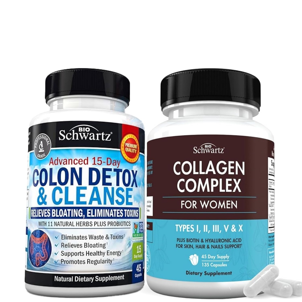 BioSchwartz 15 dagen reiniging voor Colon en Gut Health Plus Gehydrolyseerde Collageen Peptide Capsules (45 dagen levering)