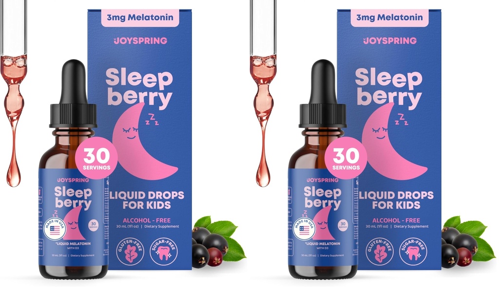 JoySpring SleepBerry Liquid Melatonin for Kids - Natural Sleep Aid with Elderberry and Vitamin D - Boosts Immune System While They Sleep (1 Fl oz) (Pack of 2)