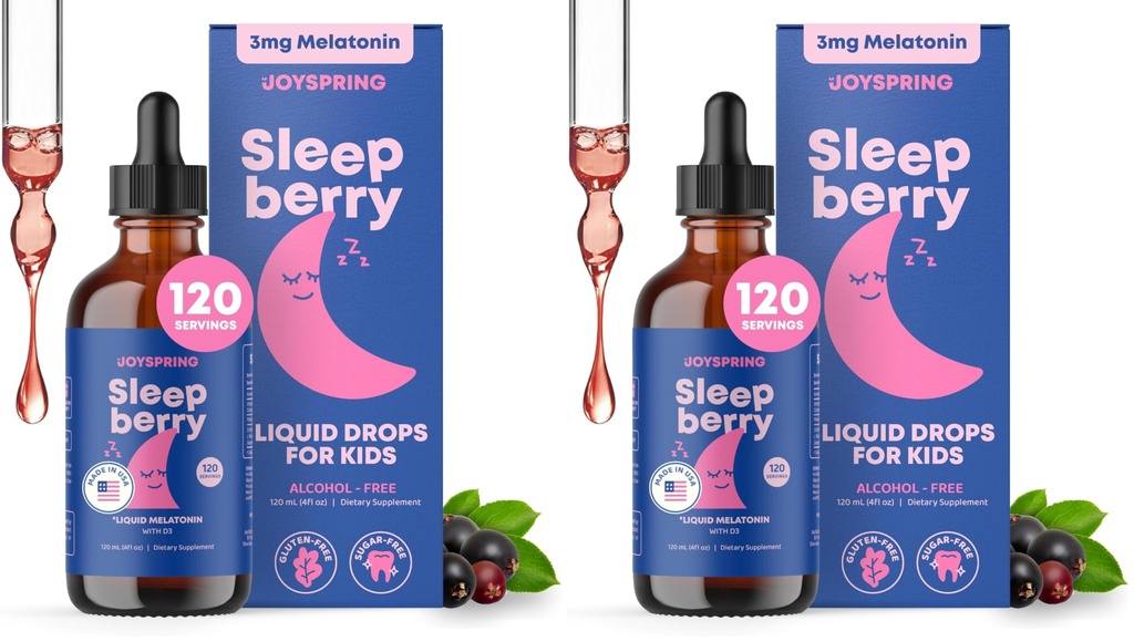JoySpring SleepBerry - Kids Melatonin Liquid - 3MG Melatonin with D3 and Elderberry - Sugar-Free Liquid for Kids & Teens – Gentle Natural Sleep Support Formula (4 fl oz) (Pack of 2)