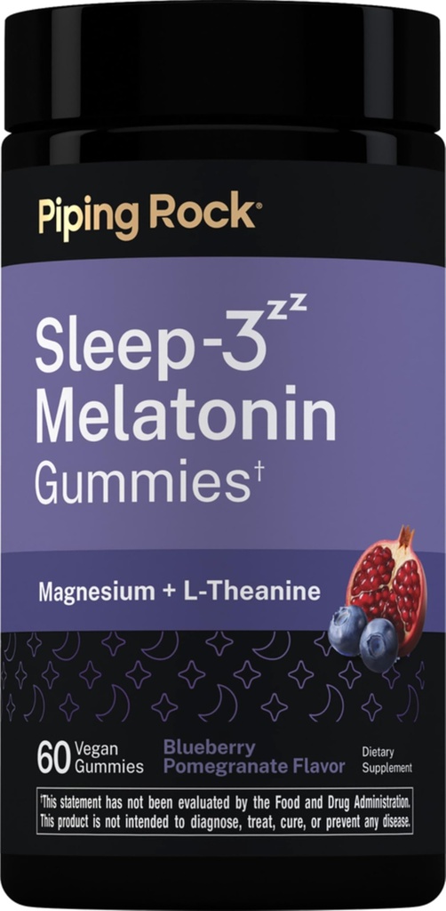 Piping Rock Melatonin 3mg Gummies | 60 Count | Complex with Magnesium and L-Theanine | Blueberry Pomegranate Flavor | Vegan, Non-GMO & Gluten Free Supplement