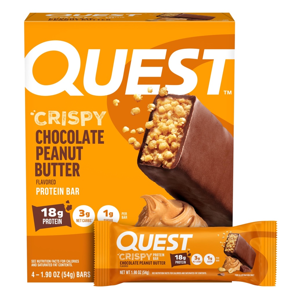 Quest Nutrition Crispy Chocolate Peanut Butter Hero Protein Bar, 18g Protein, 1g Sugar, 3g Net Carb, Gluten Free Protein Snack, Keto Friendly, 4 Count
