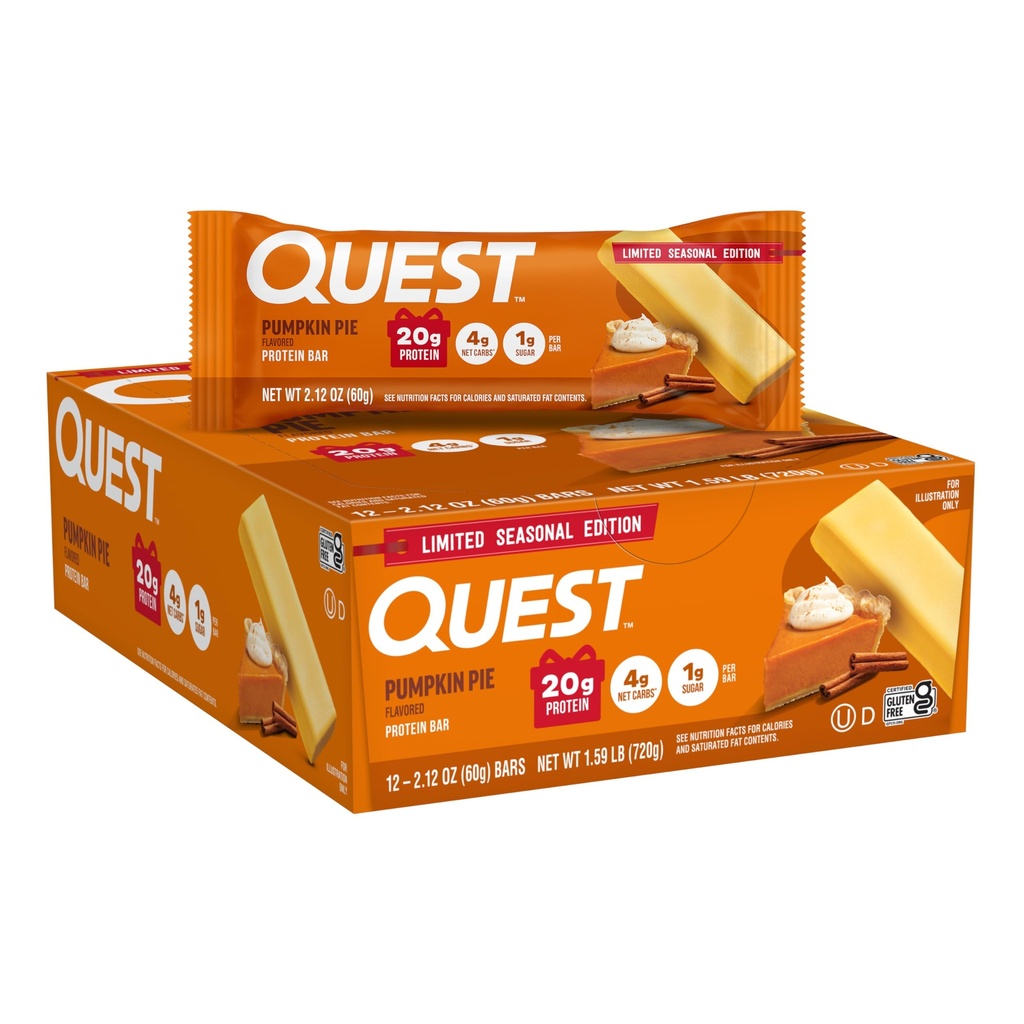 Quest Nutrition Pumpkin Pie Protein Bar, 20g Protein, 4g Net Carb, 1g Sugar, Gluten Free, 12 Count
