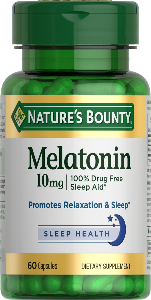 Nature's Bounty Melatonine, 100% Drug-Free Slaaphulp, Dieetsupplement, 10 mg, 60 Tellen