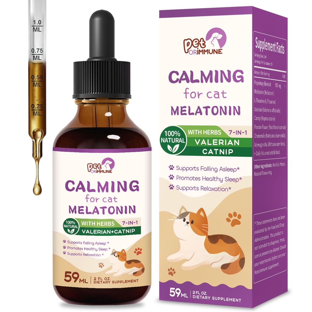 Cat Melatonin gouttes calmantes naturelles, soutien chute de sommeil et sommeil sain, supplément de relaxation extrait d'herbe avec L-Theanine, Valérien, Catnip, Passion Flower et Camomile. 2 oz