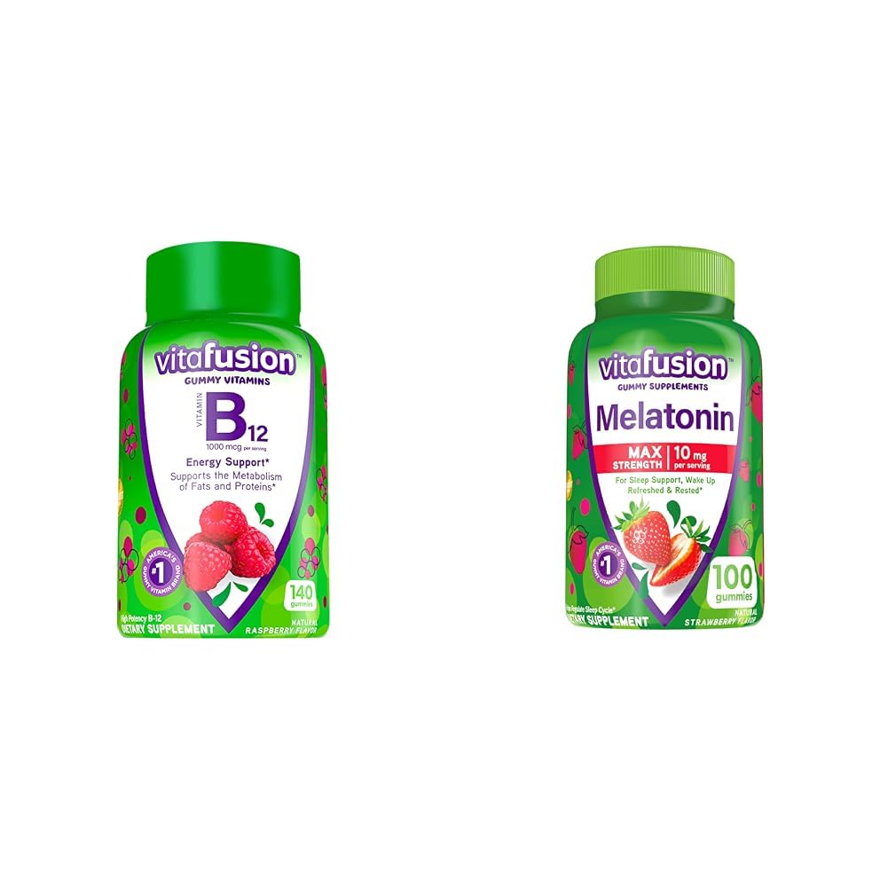 Vitafusion Vitamin B12 Gummy Vitamins 140 Count and Max Strength Melatonin Gummy Supplements 100 Count Bundle