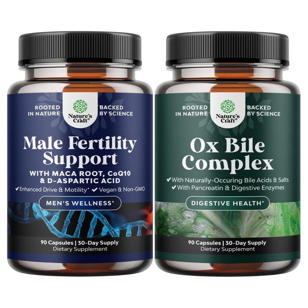 Bundle of Pre Conception Male Fertility Supplement with CoQ10, Maca Root, Methyl Folate & D-Aspartic Acid and Digestive Enzymes with Ox Bile - Trypsin, Papain & Bromelain Enzyme for Pancrease Cleanse