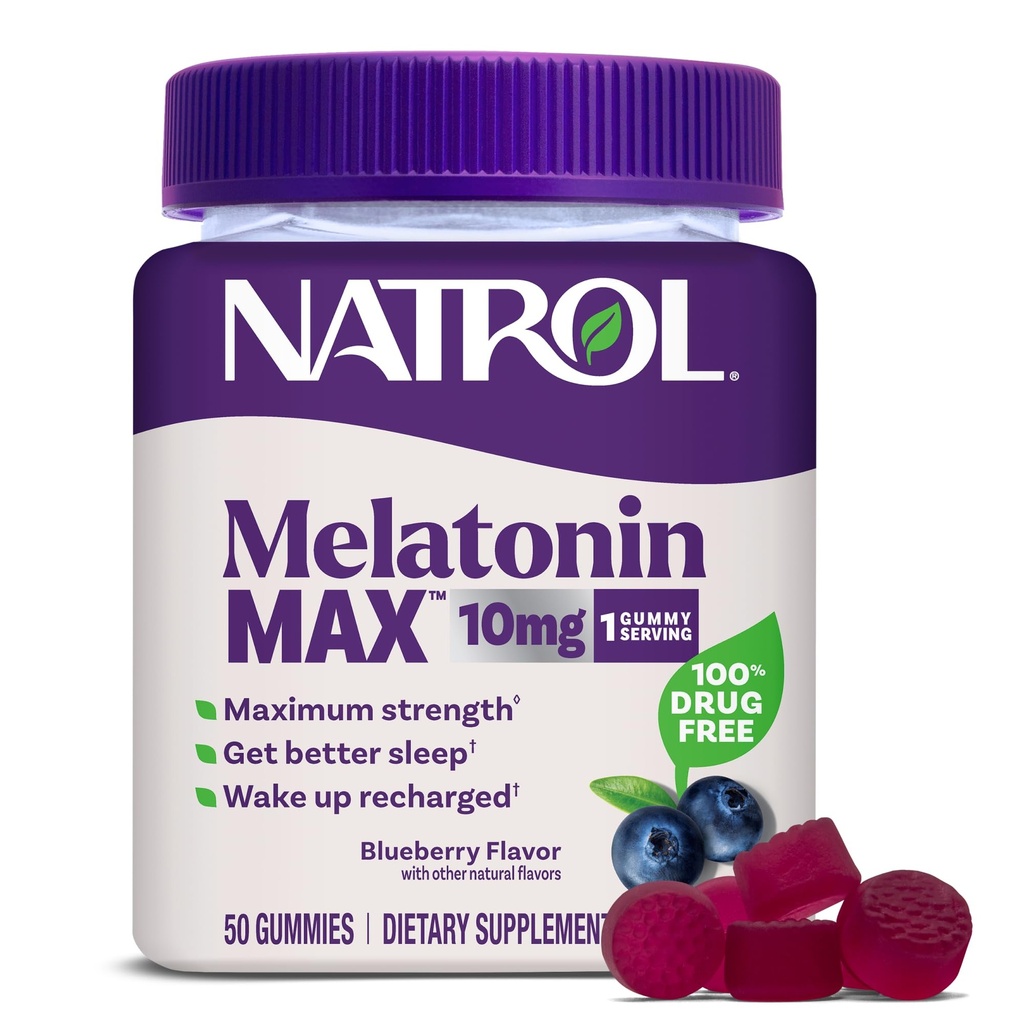 Natrol Melatonine 10mg Slaaphulp Supplement, 50 Graaf MelatonineMax Gummies, Blueberry Flavor, 10 mg Melatonine Gummies voor af en toe slapeloosheid, 50 dagen levering