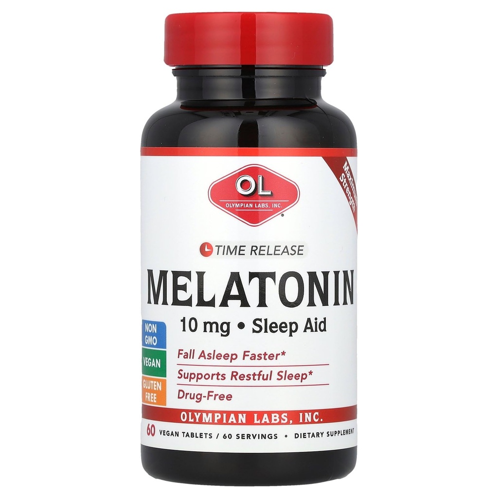 Olympian Labs Melatonine 10mg Temps de sortie avec vitamine B6 - Comprimés de force maximum - Sans médicament, soutient le sommeil reposant, aide au sommeil nocturne - 60 comprimés végétaliens (60 portions)