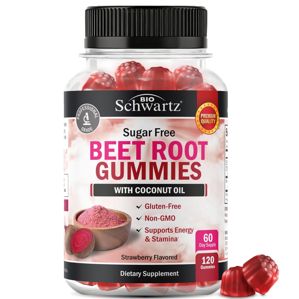 Suikervrij Beetwortel Gummies - Stikstofoxide Gummies doordrenkt met Kokosolie voor de hoogste absorptie - Ondersteunt Energie & Whole Body Health - Delicious Strawberry Flavor - 120 Telling (60 Day Supply)