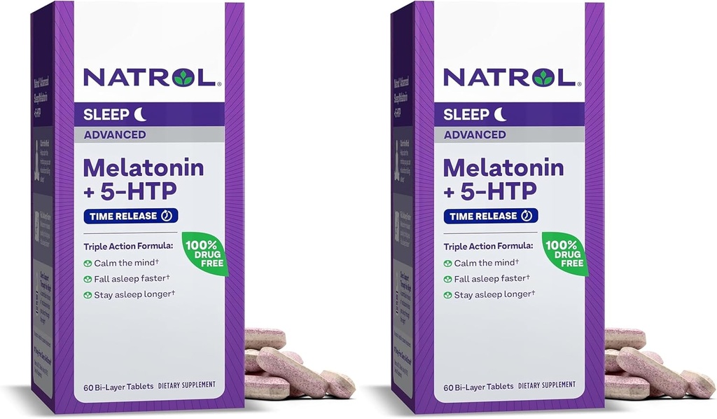 Natrol Advanced Sleep Melatonine + 5HTP, Dieetsupplement voor rustgevende slaap, 60 Time-release tabletten, 60 dagen Supply- Pack van 2