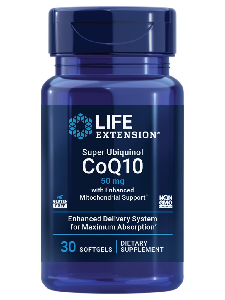 Extension de vie Super Ubiquinol CoQ10 avec support Mitochondrial amélioré, supplément santé cardiaque, absorption maximale, 50 mg, non-OGM, sans gluten, 30 softgels