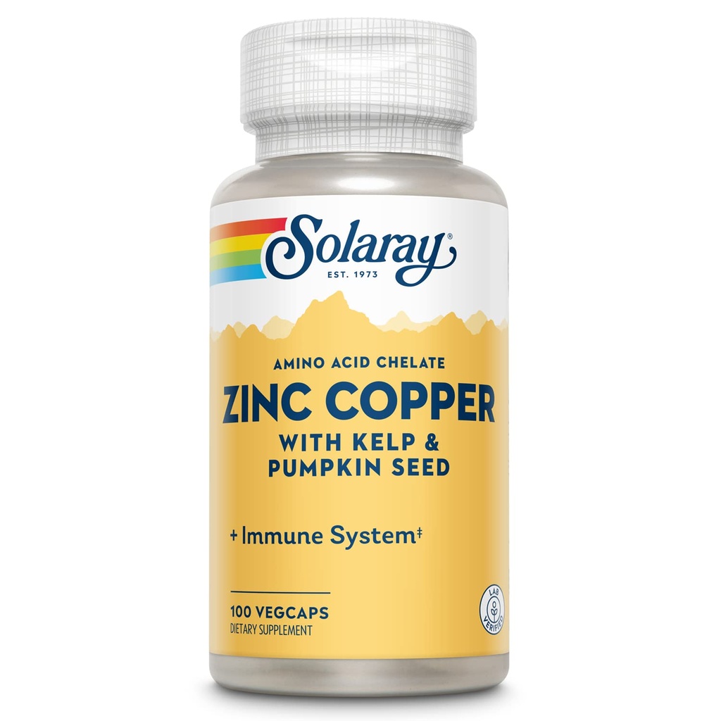 SOLARAY Zink Koper Aminozuurchelaat - Immune Support Supplement w/Chelated Zink 50mg - Bone, Skin, Heart Health en Thyroid Ondersteuning - met Jodium van Kelp, 60-Day Garantie, 100 Serv, 100 VegCaps