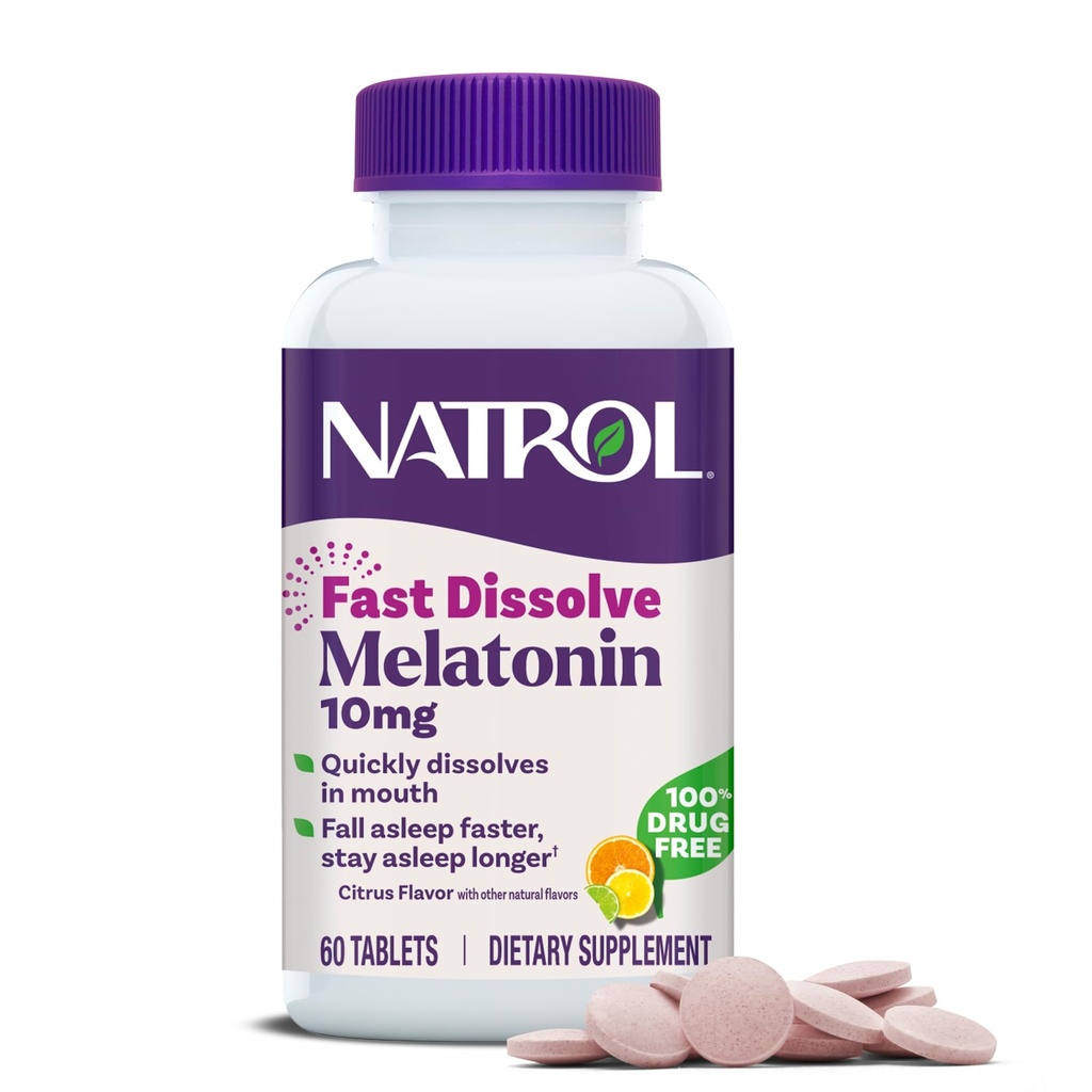 Natrol Snel oplossen Melatonine 10 mg, Melatonine Supplementen voor Rustige Slaap, Slaap Ondersteuning voor volwassenen, 60 Citrus-gearomatiseerde tabletten, Tot een 60-daagse levering