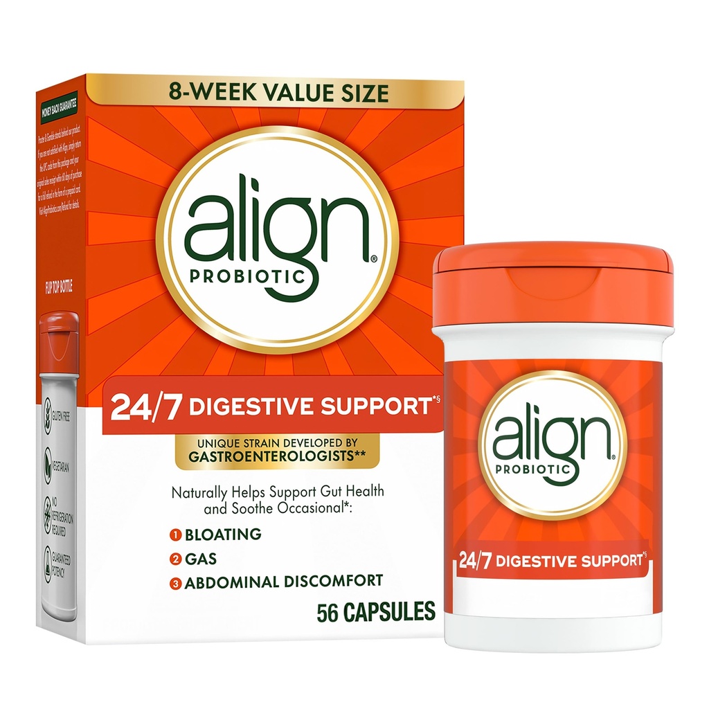 Align Probiotic, 24/7 Digestive Support*§, Probiotics for Women and Men, Probiotics for Digestive Health, Men and Womens Probiotic Capsules Help Relieve Occasional Bloating & Gas*, 56 Capsules
