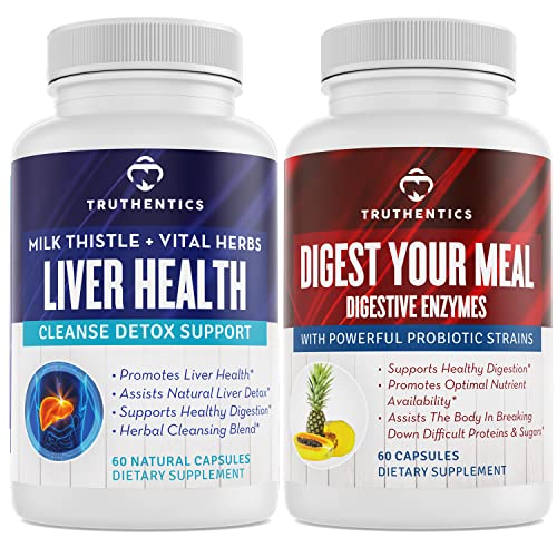 TRuthentics Lever Gezondheid en spijsvertering Enzymen bundel - Ondersteuning voor leverreiniging Detox, spijsvertering, Nutriënt Absorptie, Occasional Gas en Bloating - Glutenvrij, Non-GMO