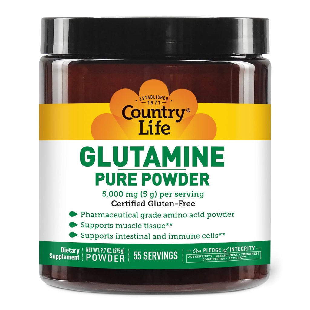 Country Life Glutamine Pure Powder - 5000 mg L-Glutamine - Spierweefsel, Gut Health, Immune Support - Glutenvrije Certified - Ideale Pre/Post Workout Aminozuur Supplement, 55 Servings, 9.7oz