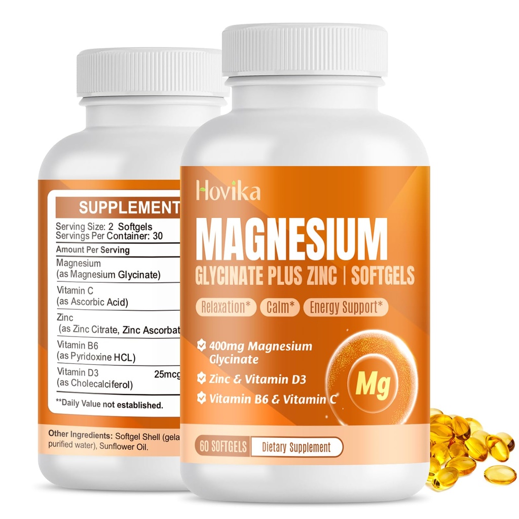 Magnesium Glycinate Supplement Softgels, Magnesium Glycinate 400 mg met zink, vitamine B6, C, D3, Pure Magnesium voor slaap, rust, spier, energie, hart ondersteuning - 60 Vegan Capsules voor vrouwen en mannen
