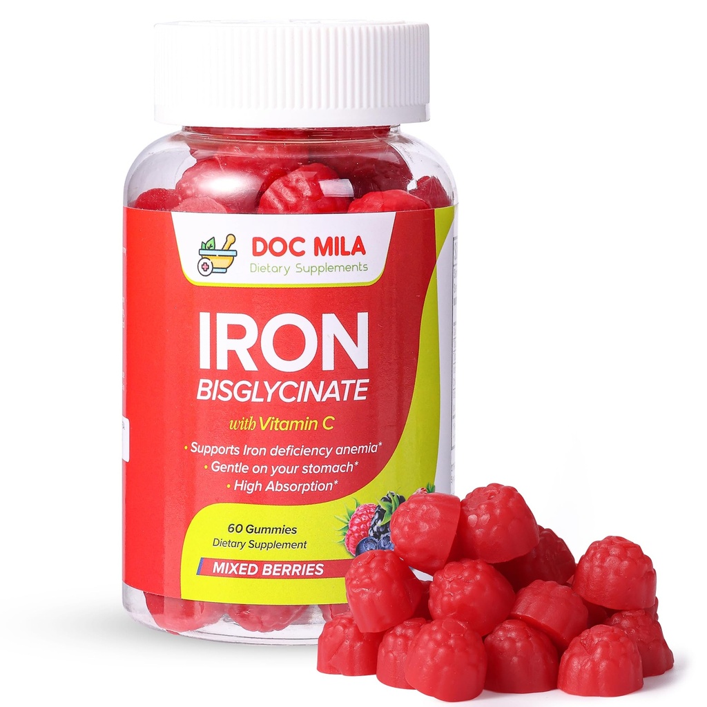 IJzersupplement voor kinderen en volwassenen - Iron Bisglycinate Gummies 25mg met liposomale VIT C - Chelated Iron Supplement for Women and Men - 60 Gummies, 1 maand levering