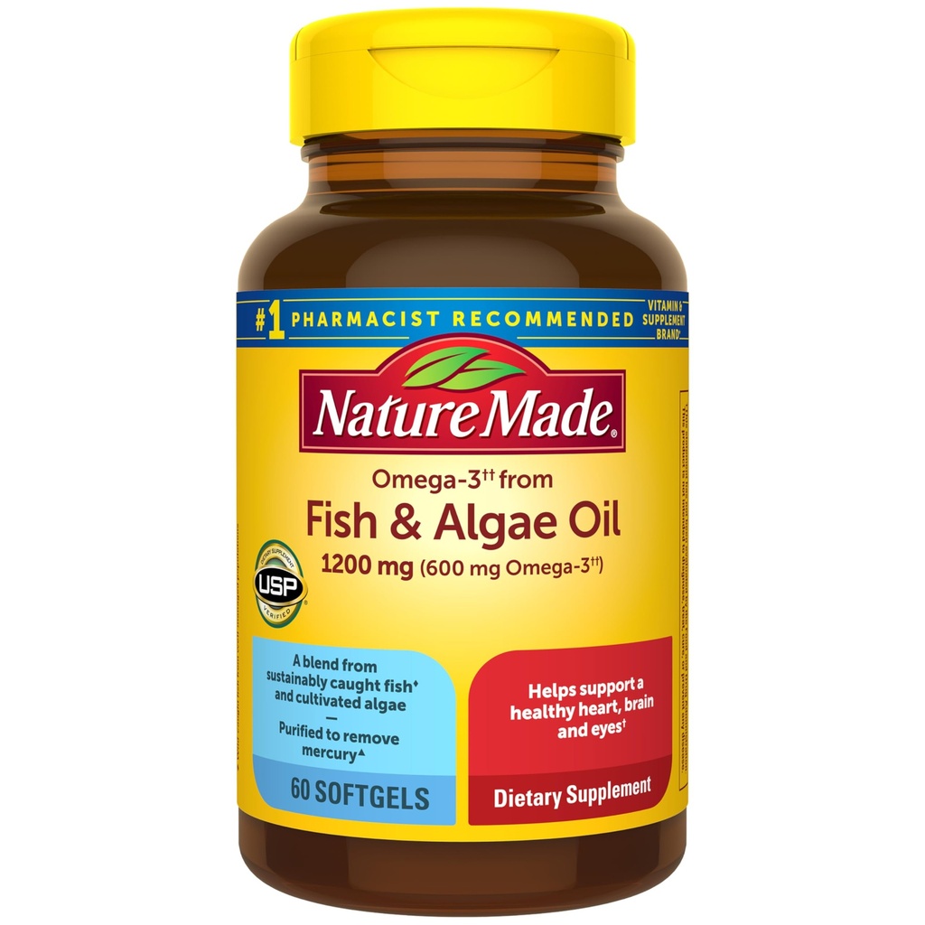 Nature Made Omega 3 Fish Oil and Algen Oil Supplements, 1200mg, Algen Oil & Fish Oil Blend, Omega 3 Supplement for Heart, Brain and Eyes Support, One Per Day, 60 Softgels