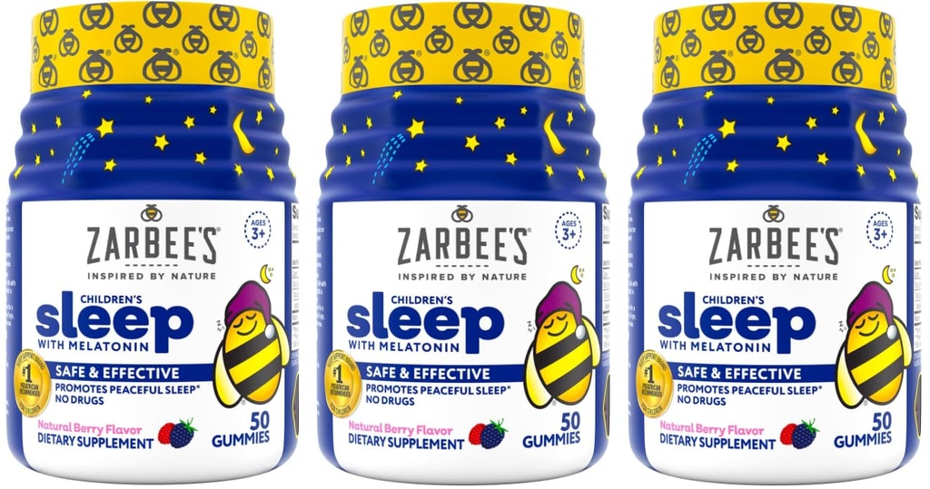 Zarbee's Kids 1mg Melatonin Gummy, Drug-Free & Effective Sleep Supplement for Children Ages 3 and Up, Natural Berry Flavored Gummies 50 Count - Pack of 3
