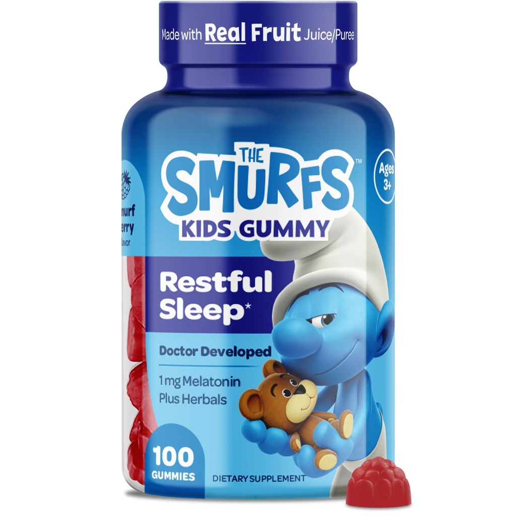 The Smurfs Gummies for Kids with Chamomile & Lemon Balm for a Restful Sleep Age 3+ | Non-Habit Forming | Made with Real Fruit in a Smurf Berry | Doctor Developed | 100 Gummies (100 Count, Melato)