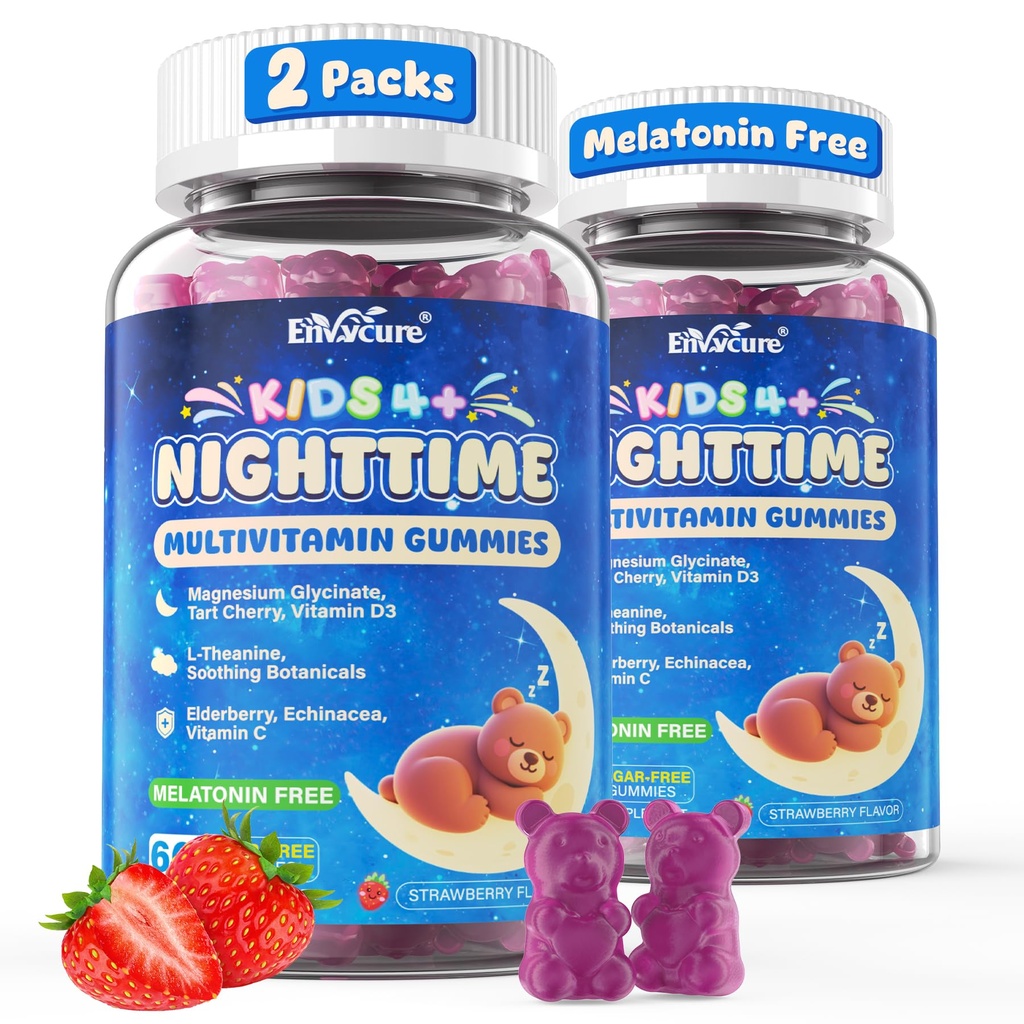 Kids 4+ Melatonin Free Sleep Aid Gummies + Magnesium Glycinate + Saffron + Calcium, D3+K2, Inositol-Kids Sleep Gummies Nighttime Multivitamin Support Calm Mood, Brain, Bone & Immune, Sugar Free, 2Pack