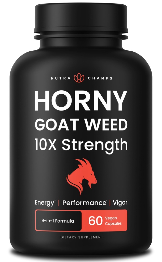 NutraChamps Horny Geit Weed, 1000mg Epimedium Energy Supplement, 10X kracht Icariin, Ginseng, Tribulus & Maca Pillen voor vrouwen en mannen, verbeterde absorptie met zwarte peper, 60 Vegan Capsules