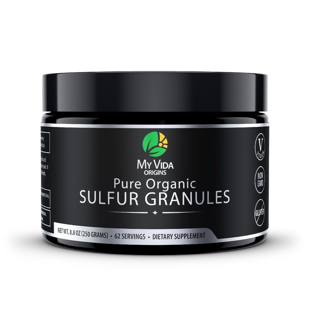 My Vida Origins Sulfur pur biologique 99% Granules MSM pures soutient la peau, les cheveux, et les articulations.