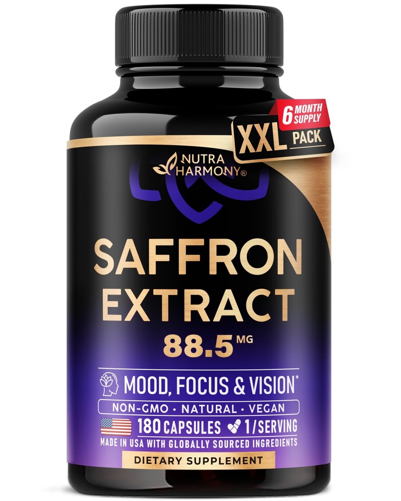 Natural Saffron Supplements - Pure Saffron Extract 88.5 mg - Made in USA - Mood | Focus | Vision | Energy Support - Eye Health for Women & Men - NonGMO Vegan Pills - 180 Powder Capsules