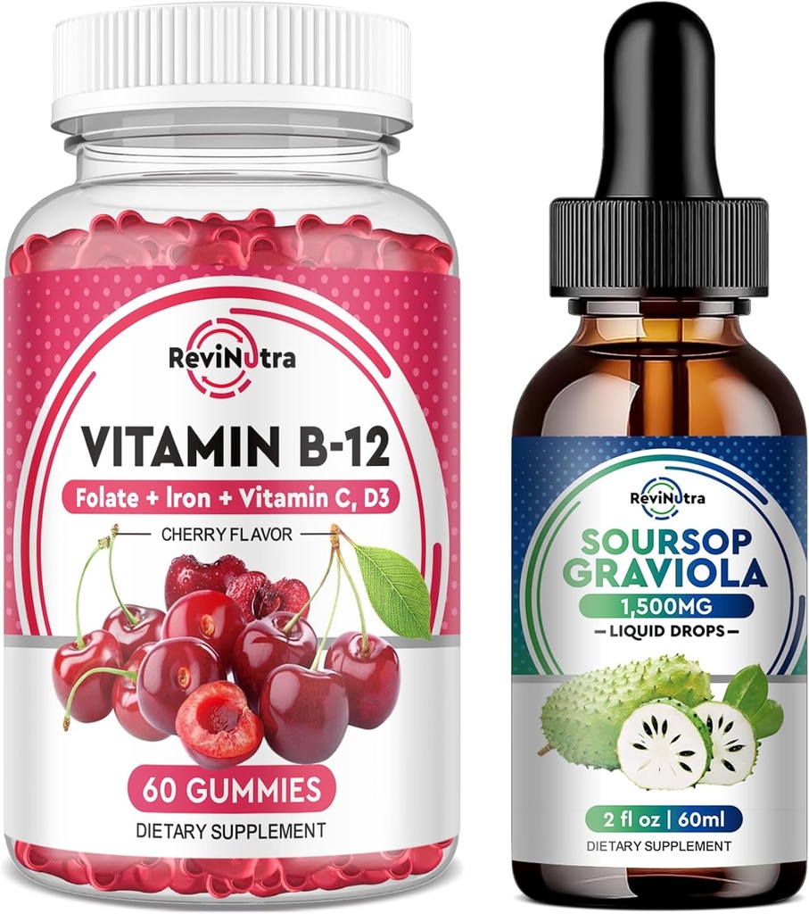 Iron Gummies Supplement for Adults & Kids | Soursop Graviola Liquid Drops | Bundle