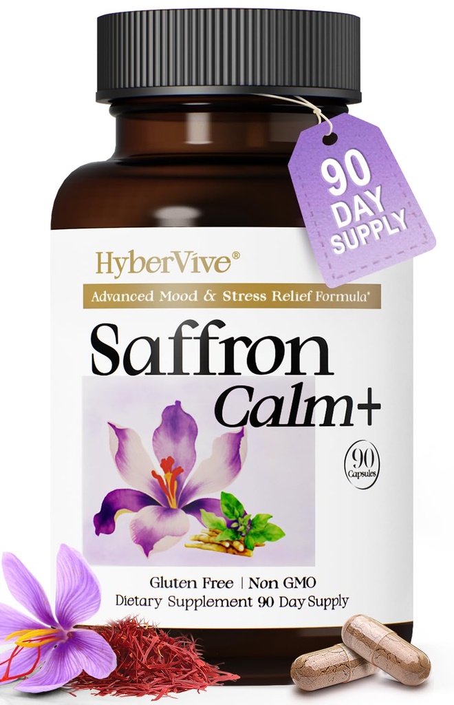 Saffron Supplements with Ashwagandha & L-Theanine - 368.5MG - Mood Balance, Stress Relief & Mental Clarity – Cortisol Support for Women & Men, Made in USA, 90 Vegan Capsules