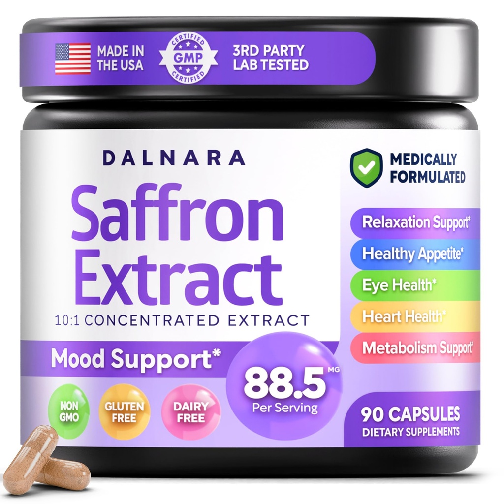 Dalnara Saffron Supplement – 88.5mg Pure Saffron Extract per Serving, 90 Capsules (3-Month Supply), Non-GMO Formula for Focus, Positive Mood, Energy & Eye Health