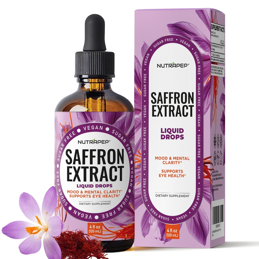 NutraPep Saffron Extract Drops - Pure Saffron Liquid Supplement for Mood, Focus & Antioxidant Support - Non-GMO Vegan Alcohol-Free Sugar-Free - 4 fl oz (120 mL)