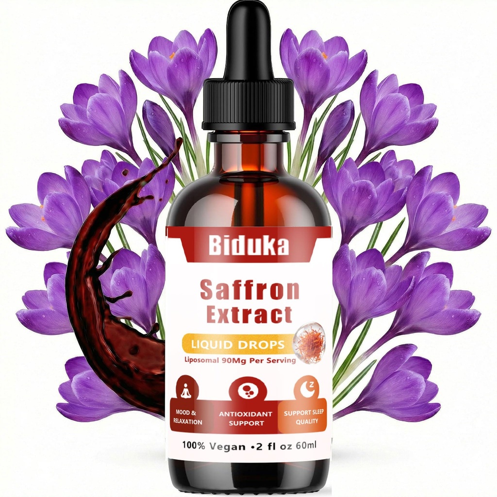Liposomal Saffron Extract Drops, 90mg Organic Saffron with 0.3% Safranal, 60ml Vegan Gluten Free, No Alcohol No Sugar, 30 Servings, Liquid Drops