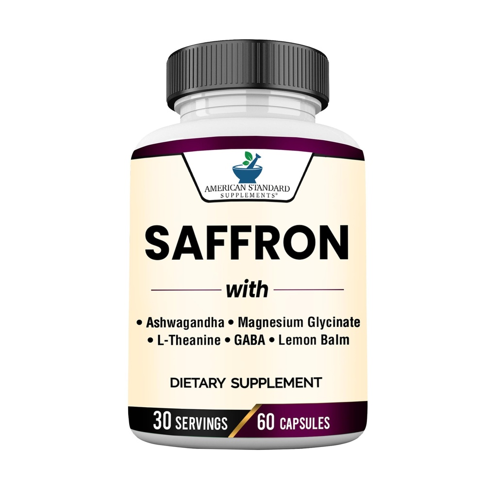 American Standard Supplements Saffron Extract 100mg Per Serving with Magnesium Glycinate, Ashwagandha, L-Theanine, GABA, Lemon Balm, Vegan, Non-GMO, 60 Capsules
