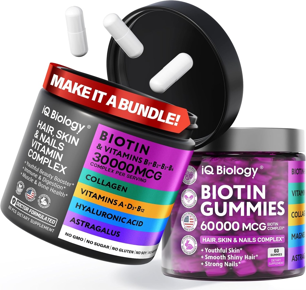 Biotine Hair Growth Bundle - Biotin Vitaminen & Keratine Capsules + Hair Gummies met Collageen & Astragalus - Hair Skin Nails Vitaminen voor vrouwen en mannen 