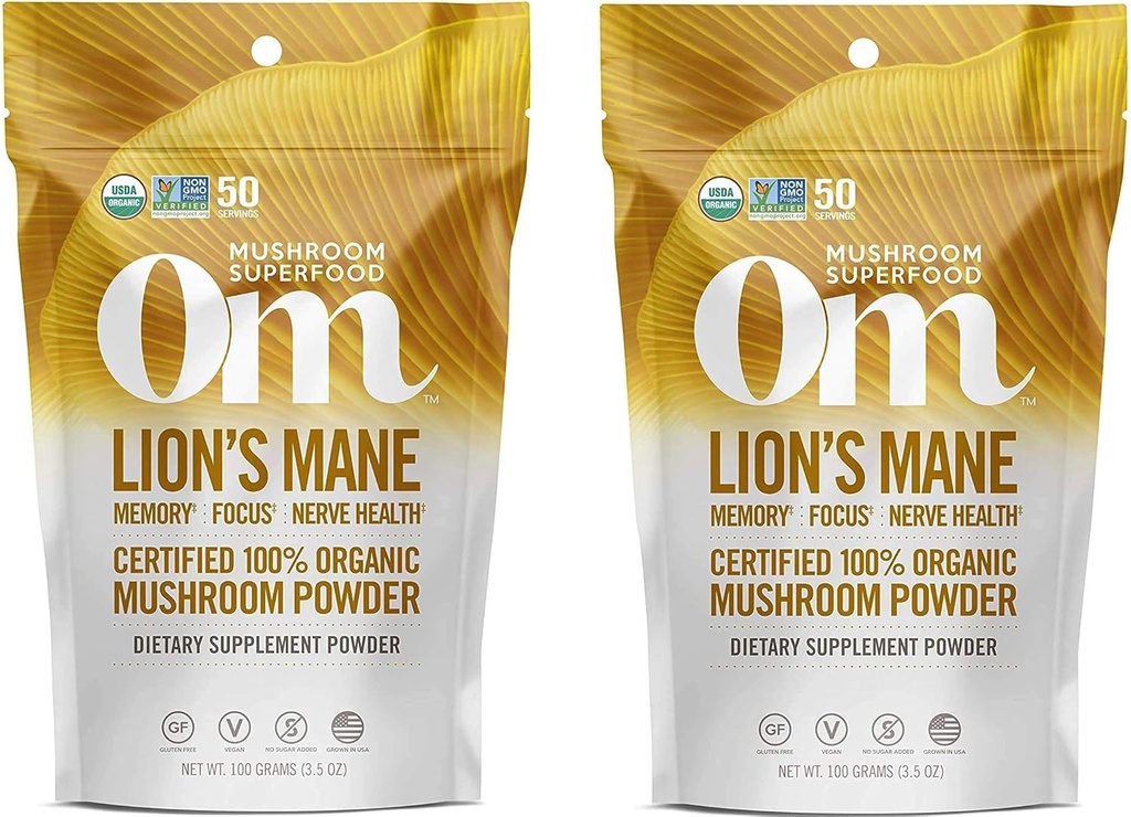 Om Biologische Paddestoelen Superfood Poeder, Leeuwen Mane, 3,5 Ounce (50 Servers) (Тwo Рack)