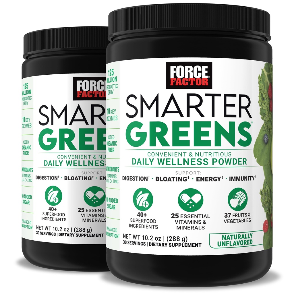 Force Factor Slimmer groen Dagelijkse Wellness Poeder 2-Pack ter ondersteuning van energie, immuniteit en spijsvertering, Superfood Greens poeder met vitamines, mineralen en probiotica, ongearomatiseerd, 60 porties