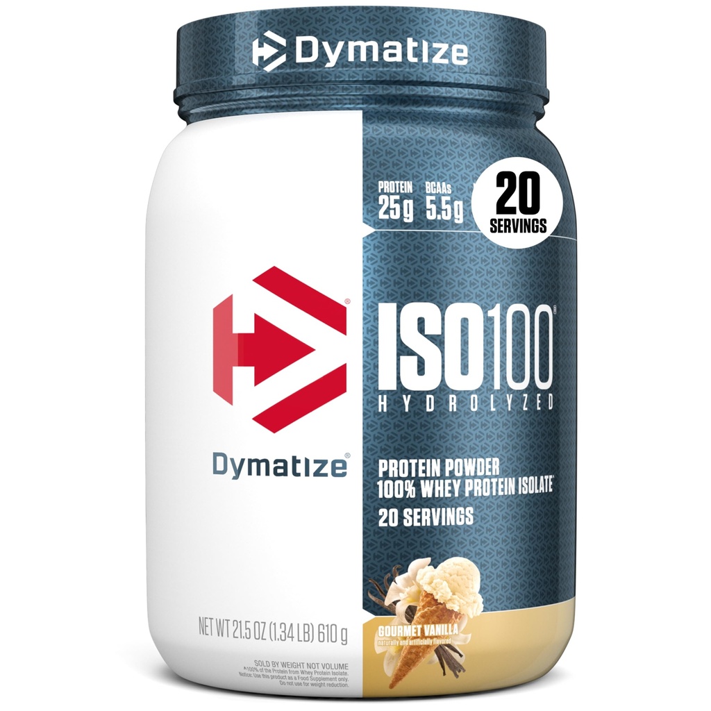 Dymatize ISO100 Poudre de protéines de lactosérum isolate, Vanille gourmande, 25g de protéines, 5,5g BCAA, moins de 120 Cal., sans gluten, 1g de gras, 1g de sucre, 2g de glucides (20 portions)