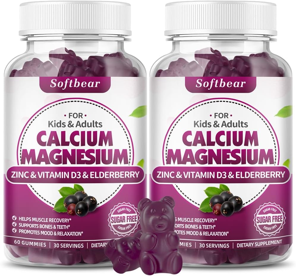 softbear Calcium Magnesium Zink Gummies voor volwassenen & kinderen, Suagr-Free Calcium Magnesium Zink Vitamine D3 Supplement voor bot sterkte & Immune Health, vlierbessen smaak 120 Tel.