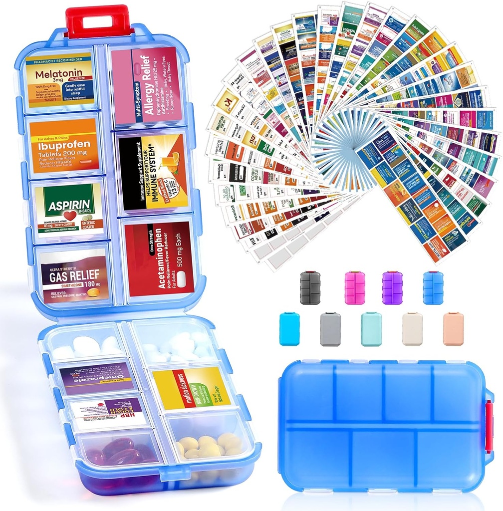 14 Grids Travel Pill Organizer Box met 415-Pcs Medicine Naam Labels - Pocket Daily Pharmacy Case Container Kit - Travel Medication Holder Dispenser voor Visolie Vitamine Supplement Opslag - Helder blauw