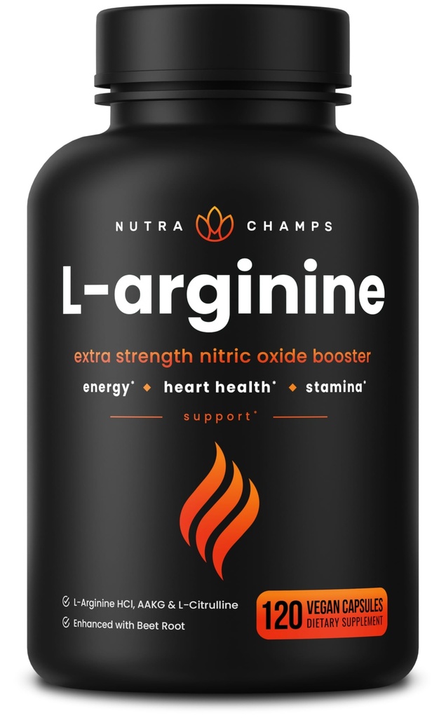Supplément L-Arginine de NutraChamps 1000mg + L-Citrulline 250mg & Racine de betterave – Booster d'oxyde nitrique pour la santé cardiaque, l'énergie et l'endurance – Complexe Acid Amino Extra Strength – 120 Capsules Vegan