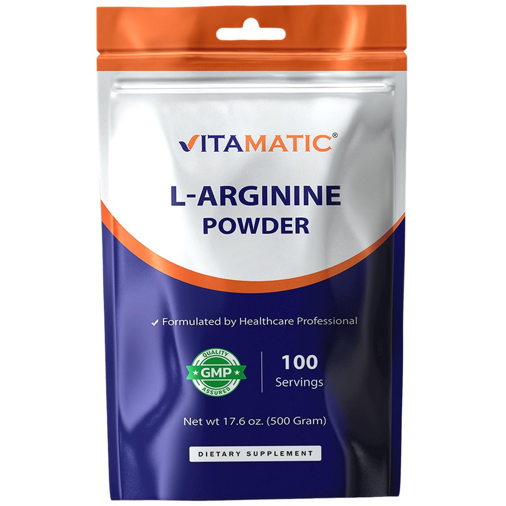 Vitamatic L-Arginine Pure Poudre 500 Grams Sans Avoine , Non GMO , Sans Gluten , Pas d'additif , 5000mg par portion 100 portions