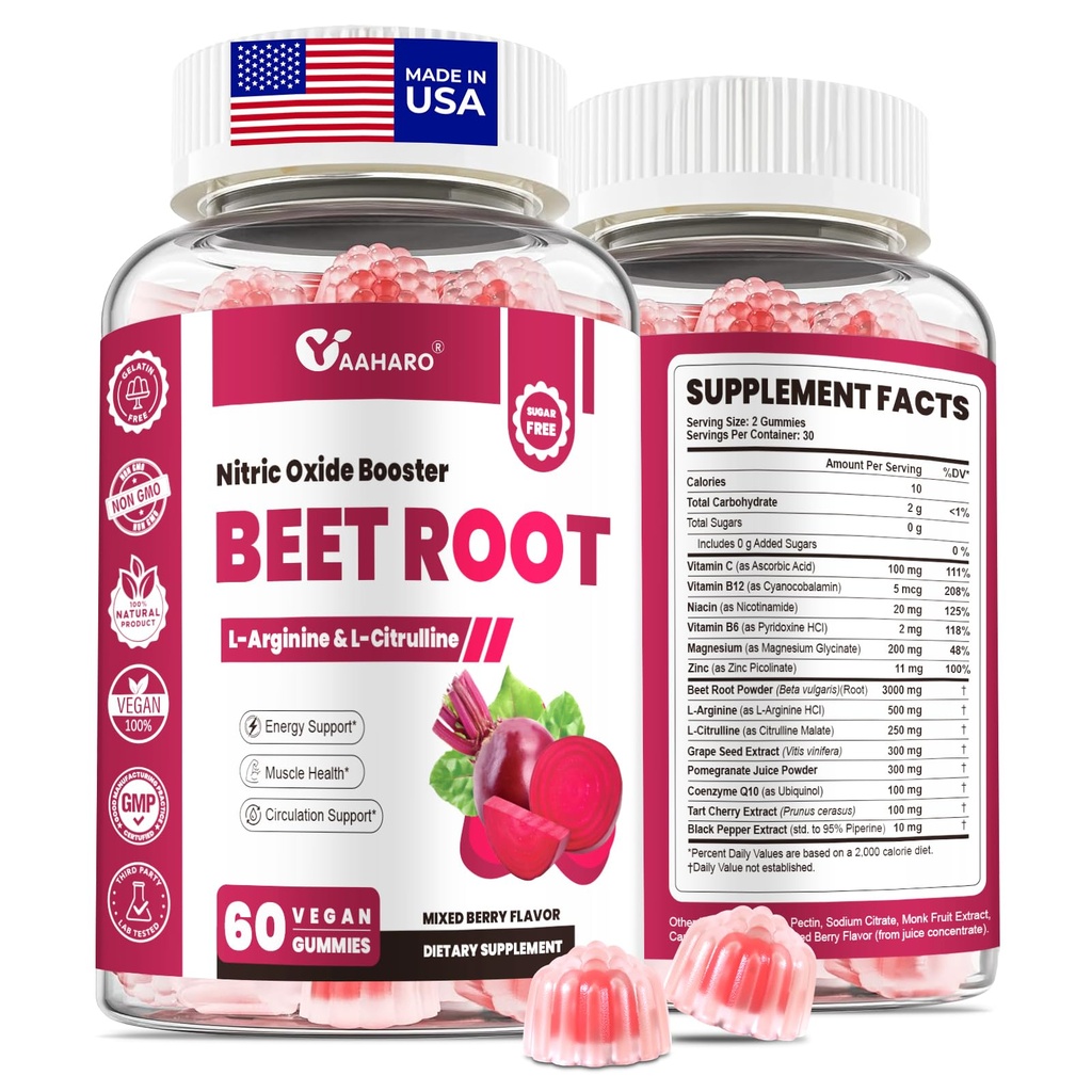 Beetwortel Gummies - Nitric oxide Booster Supplementen voor mannen en vrouwen met rode bieten, L-Citrulline & L-Arginine - Hart, spier en Circulatie Ondersteuning - Suikervrij, Veganistisch, gemengde Berry Flavor, 60 Gummies