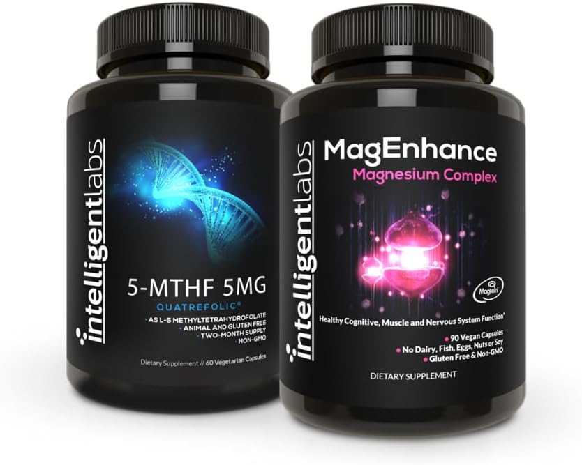 Laboratoires intelligents 2-en-1 de supplément de MagEnhance (avec Magnésium L-Thréonate, Glycinate et Taurate) et 5MG 5-MTHF méthylfolate en tant qu'acide quadrisolique® (Supplément MTHFR pour le soutien de la méthylation)