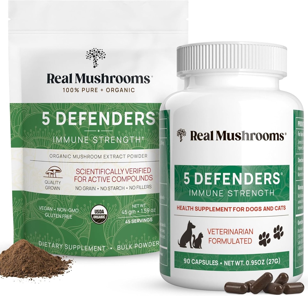 Echte Paddenstoelen 5 Verdedigers voor mensen (45g) & Huisdieren (90ct) - Pouch & Capsules Bundle - Chaga, Shiitake, Maitake, Turkey Tail & Reishi Mushroom - for Immune Strength & Algehele Welzijn - Vegan, Non-GMO