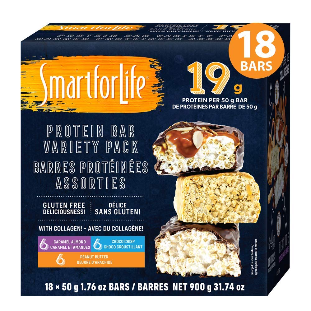 Slim voor het leven - Hoge proteïne, lage suiker Bar Variety Pack, Glutenvrij Caramel Amandel, Chocolade en Pindakaas Chocolade Crunchy Maaltijd Vervanging Bars Werkt met Cookie Diet Non-GMO 18ct