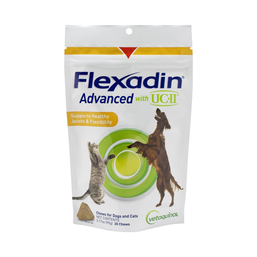 Vétoquinol Flexadin Hip avancé pour chien et supplément articulaire avec collagène non dénaturé, un chéw par jour Hip et soutien articulaire Chew pour chiens et chats, formule brevetée cliniquement, 30 chéws
